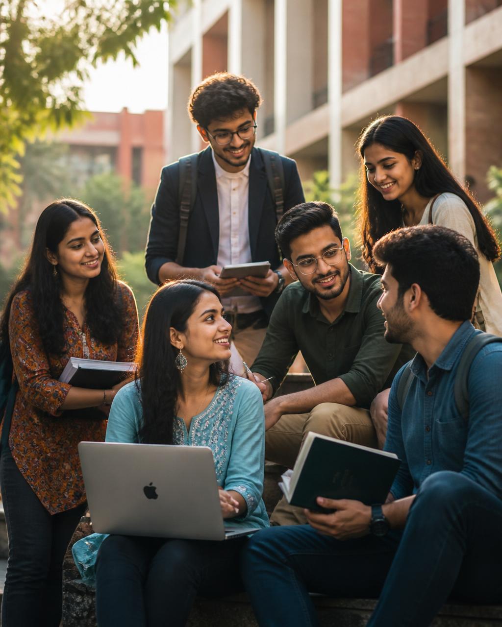 Indian students on a university campus, ready to start online and distance degrees with Skyller